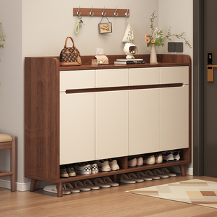 实木鞋柜家用门口室内入户中古风玄关柜储物柜靠墙收纳柜一体鞋架