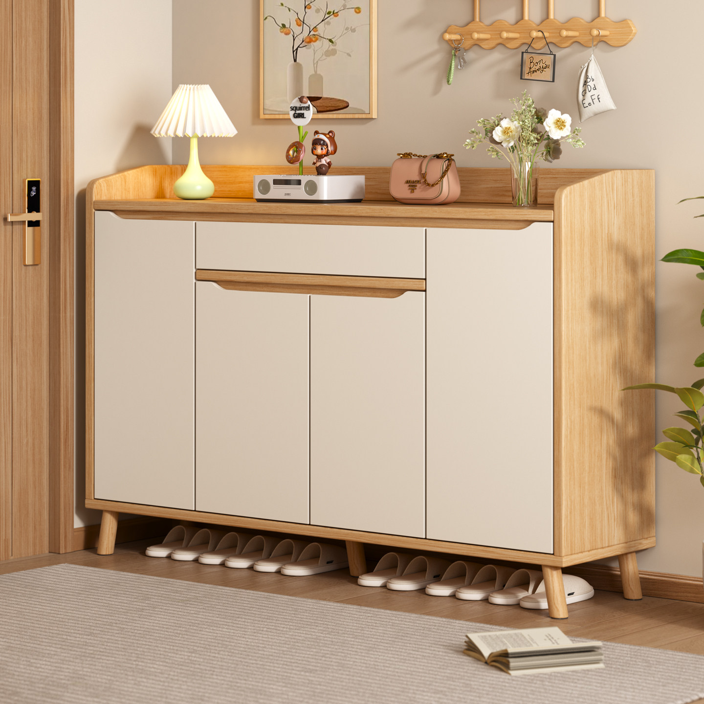 入户门鞋柜家用门口收纳柜一体靠墙原木风落地鞋架室内玄关储物柜