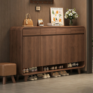 入户鞋柜家用门口实木中古风玄关一体靠墙新款2026爆款室内收纳柜