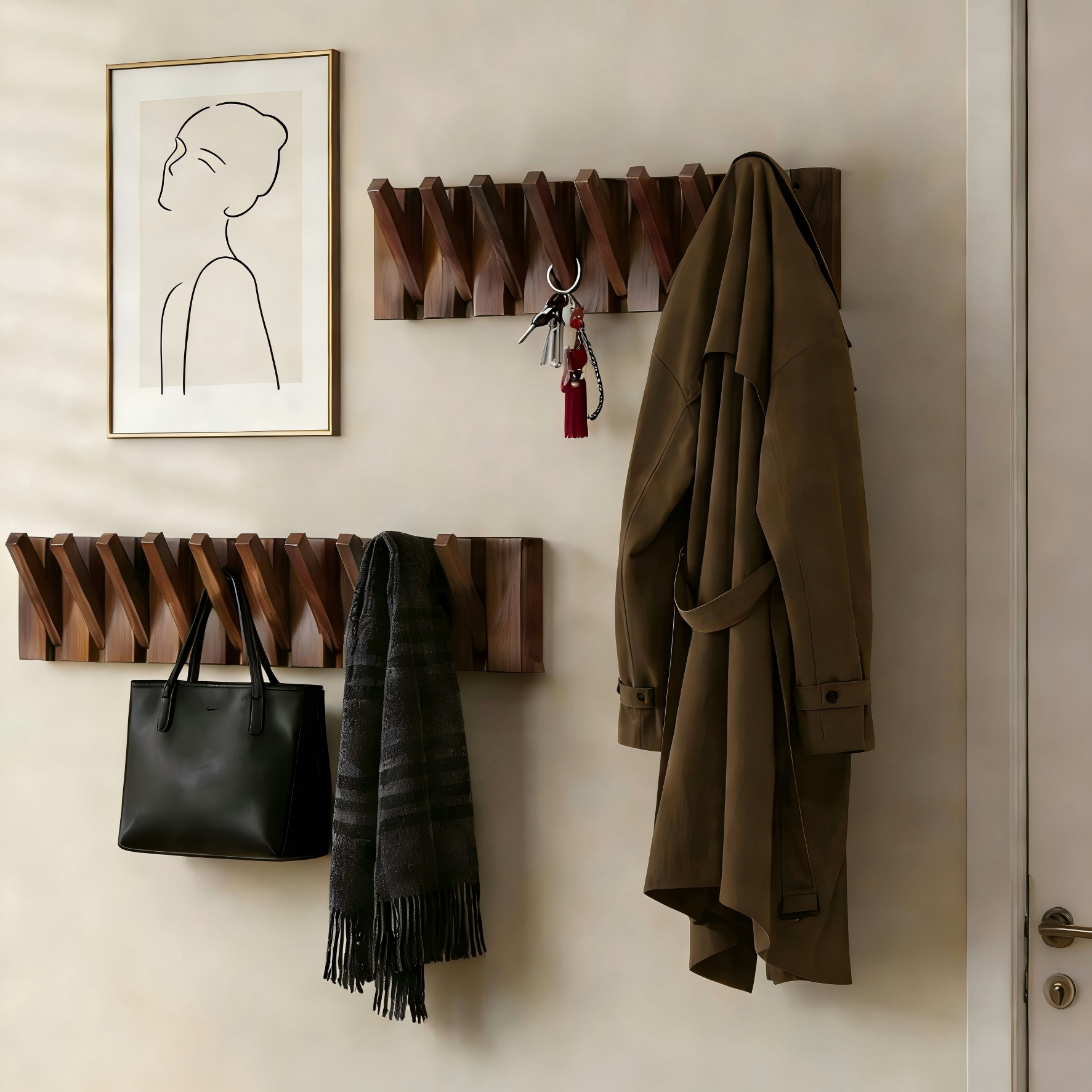 钢琴键挂衣架入户门墙上壁挂玄关实木衣帽架小户型卧室免打孔衣架