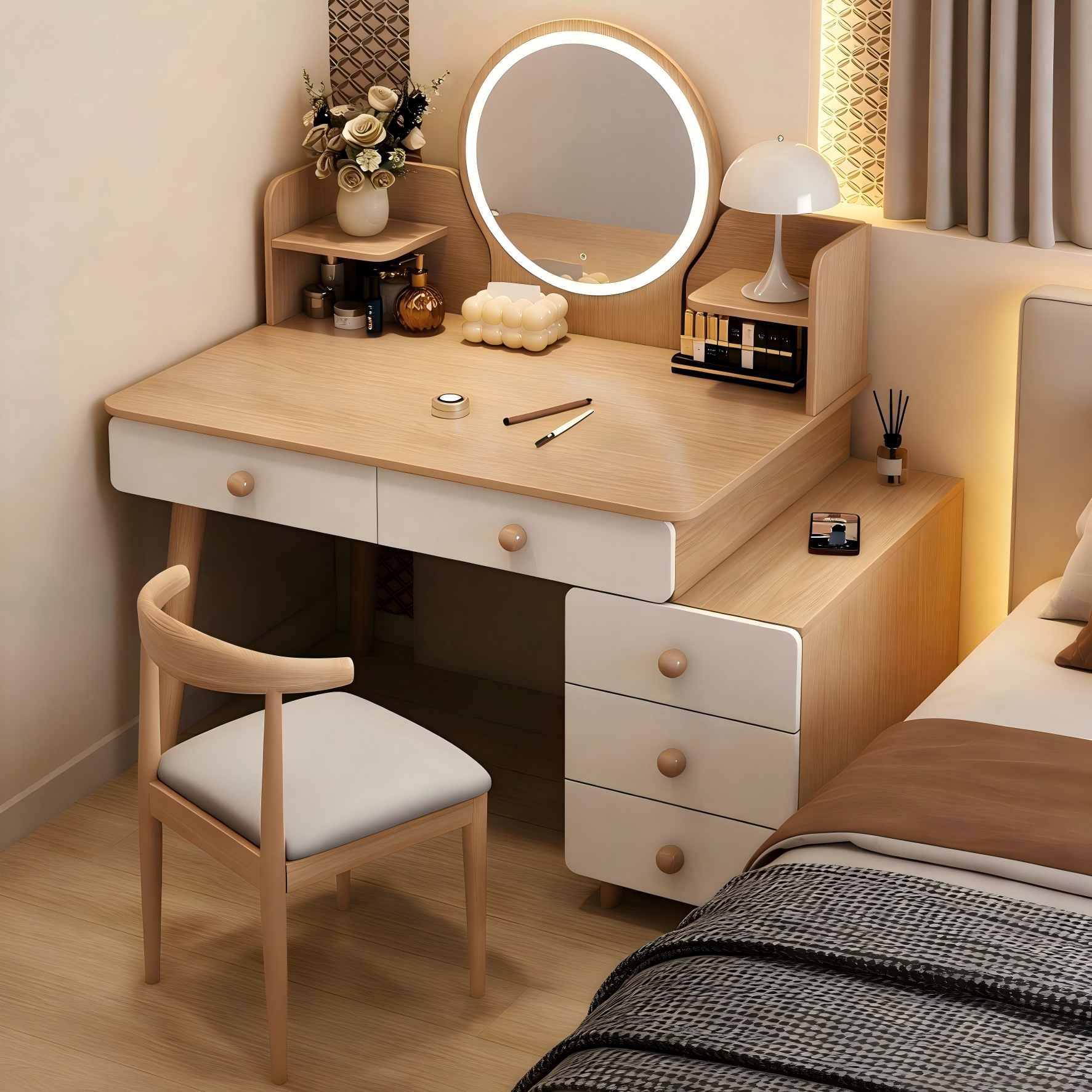 梳妆台斗柜一体2026新款卧室化妆桌现代简约小户型储藏收纳书桌子