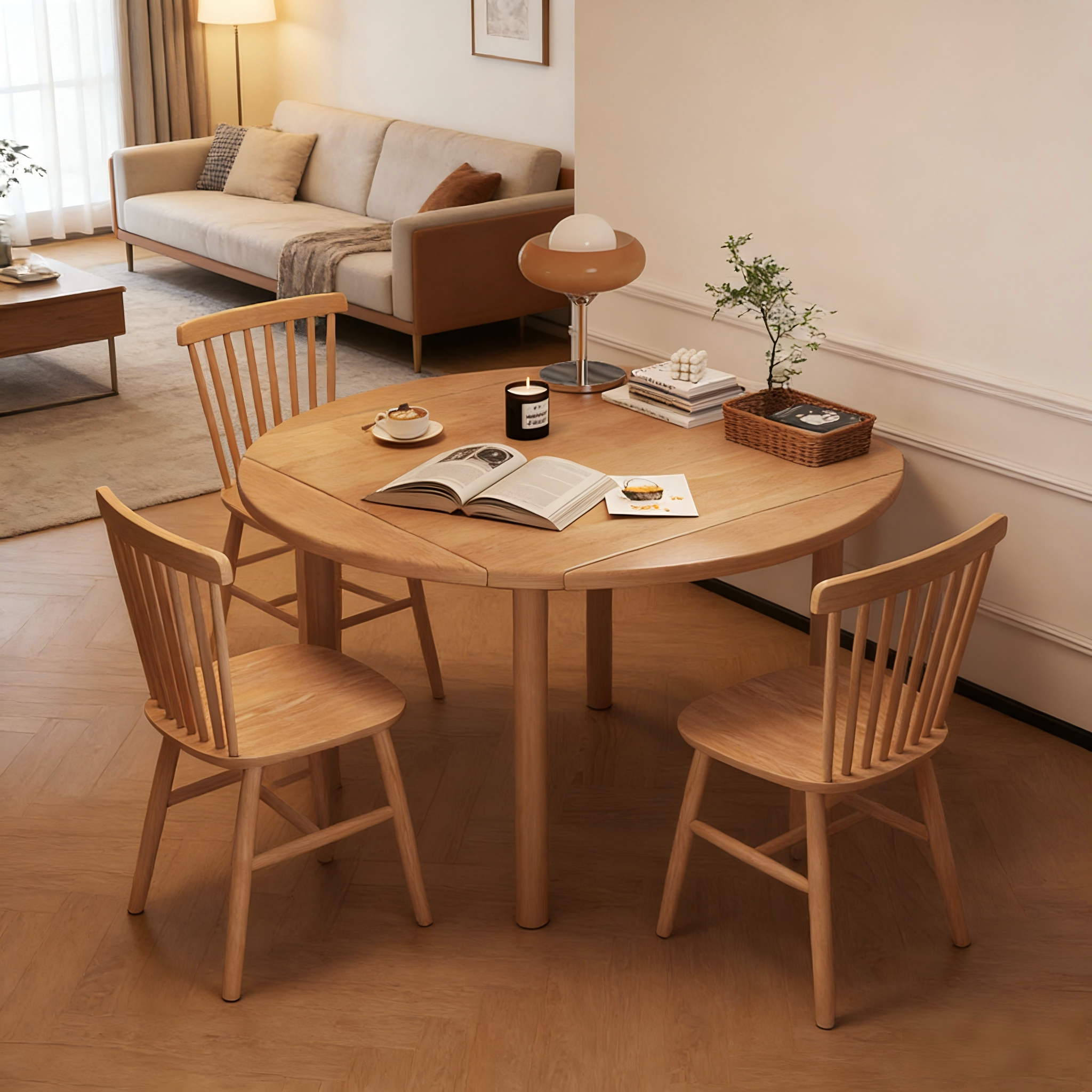 实木餐桌多场景可折叠吃饭桌子小户型家用多功能伸缩圆形桌椅组合