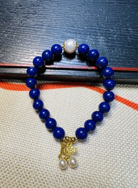 原创设计款天然阿富汗原矿青金石手串配淡水珍珠一图一物