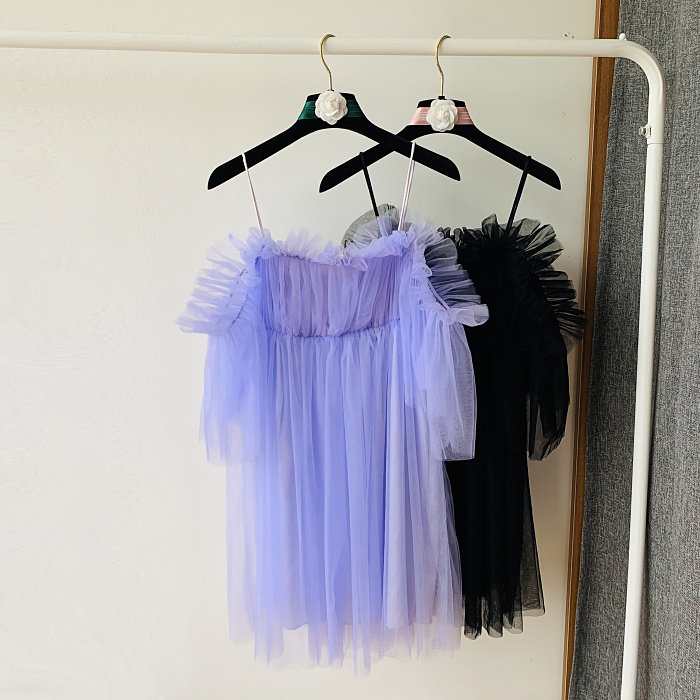 森系A字裙网纱纯色木耳边减龄