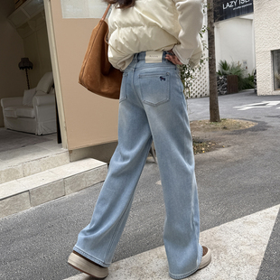 不惧寒冷~浅色加厚绒牛仔裤女冬季新款直筒宽松显瘦拖地阔腿长裤