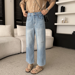 版型巨赞~浅色破洞天丝牛仔裤女夏薄款直筒宽松显瘦阔腿九分裤