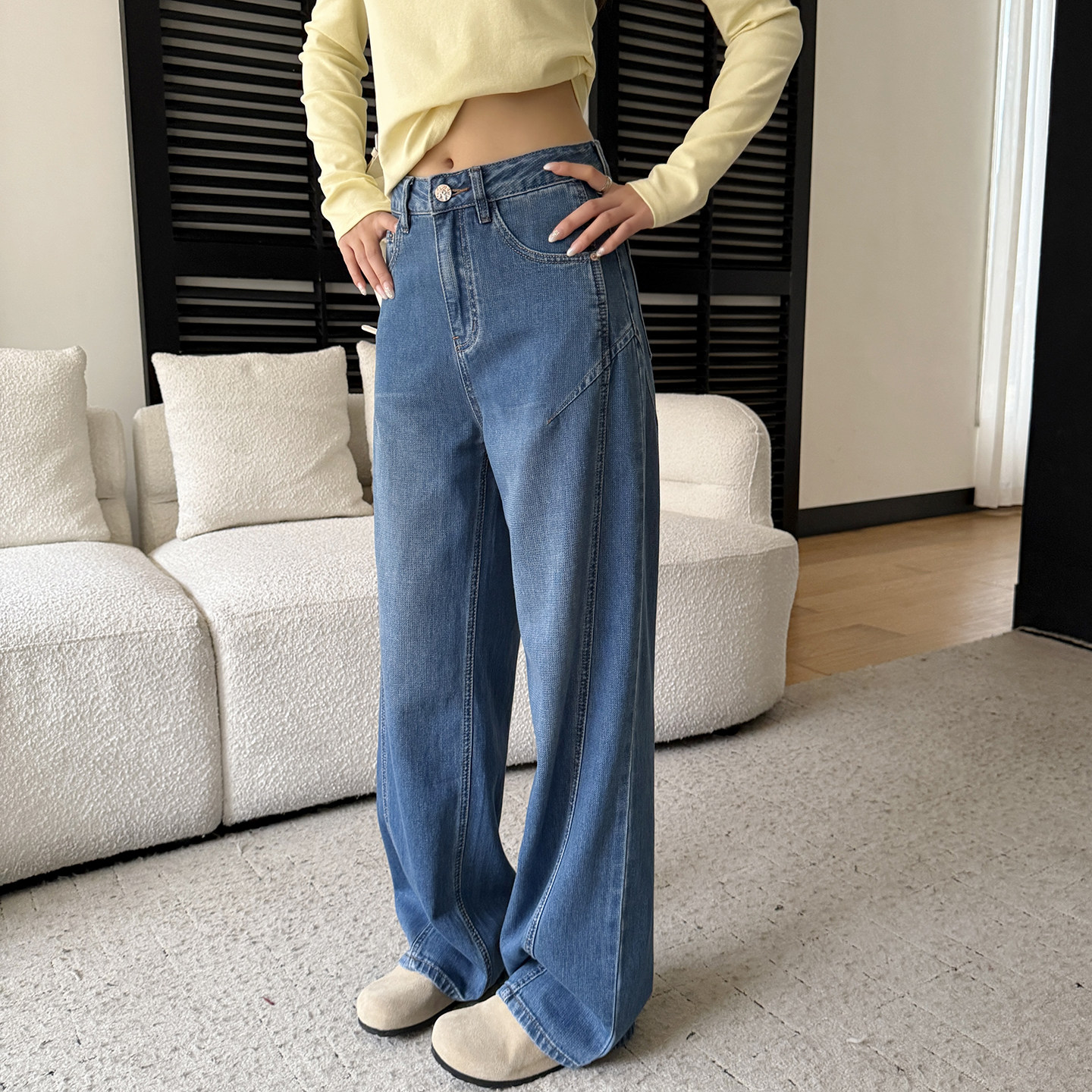 分割线高腰阔腿长款弯刀牛仔裤,女装/女士精品,牛仔裤,淘宝优惠券,粉丝福利购,淘宝优惠卷