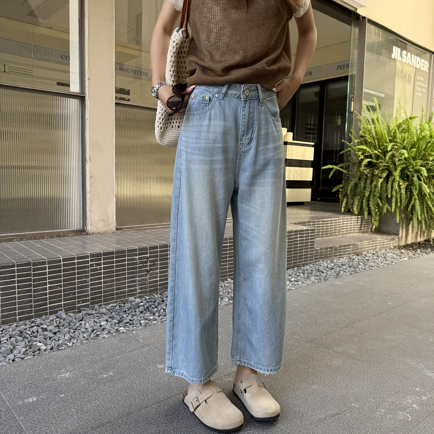 人见人夸~浅蓝莱赛尔牛仔裤女夏薄款直筒宽松显瘦阔腿烟管九分裤