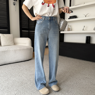 版型夸上天~四面弹浅色高腰牛仔阔腿裤女春显瘦窄版直筒拖地长裤