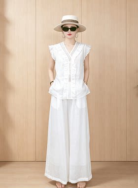 夏新款法式苎麻V领荷叶边衬衫女