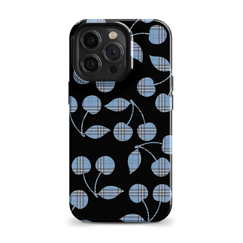 高级感磨砂黑色樱桃蓝格子手机壳