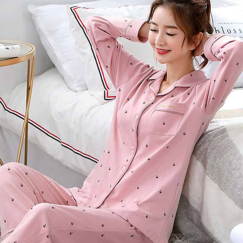 双口袋M-4XL100%纯棉加肥大码睡衣女春秋季长袖月子服家居服套装