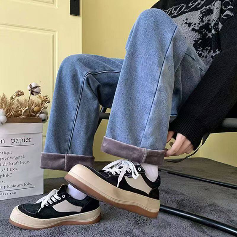 直筒牛仔裤男款秋冬季美式复古加绒加厚裤子潮牌百搭宽松阔腿长裤