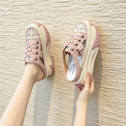 夏季真皮拼色系带后空穆勒鞋女