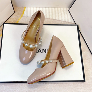 通勤OL温柔风百搭高跟鞋 女粗跟漆皮圆头浅口单鞋 珍珠玛丽珍鞋 法式