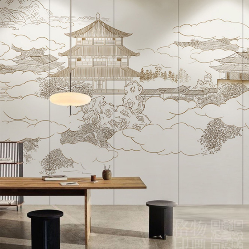 新中式山水楼阁建筑3D立体浮雕壁布电视背景定制壁画饭店装饰墙布图片