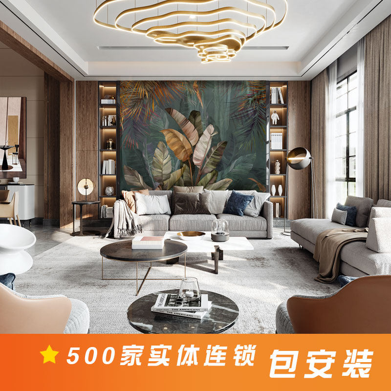 东南亚北欧手绘植物芭蕉叶壁画电视背景壁纸墙棕榈叶沙发墙布网红