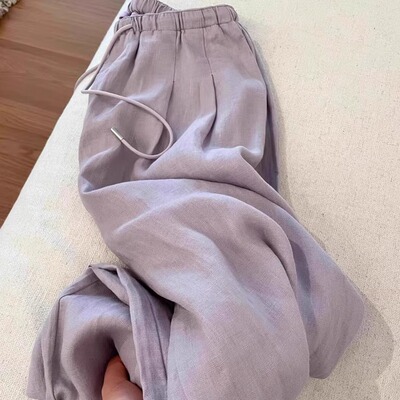 奥特莱斯专柜正品清仓夏天紫色垂感亚麻女慵懒松弛垂感直筒阔腿裤