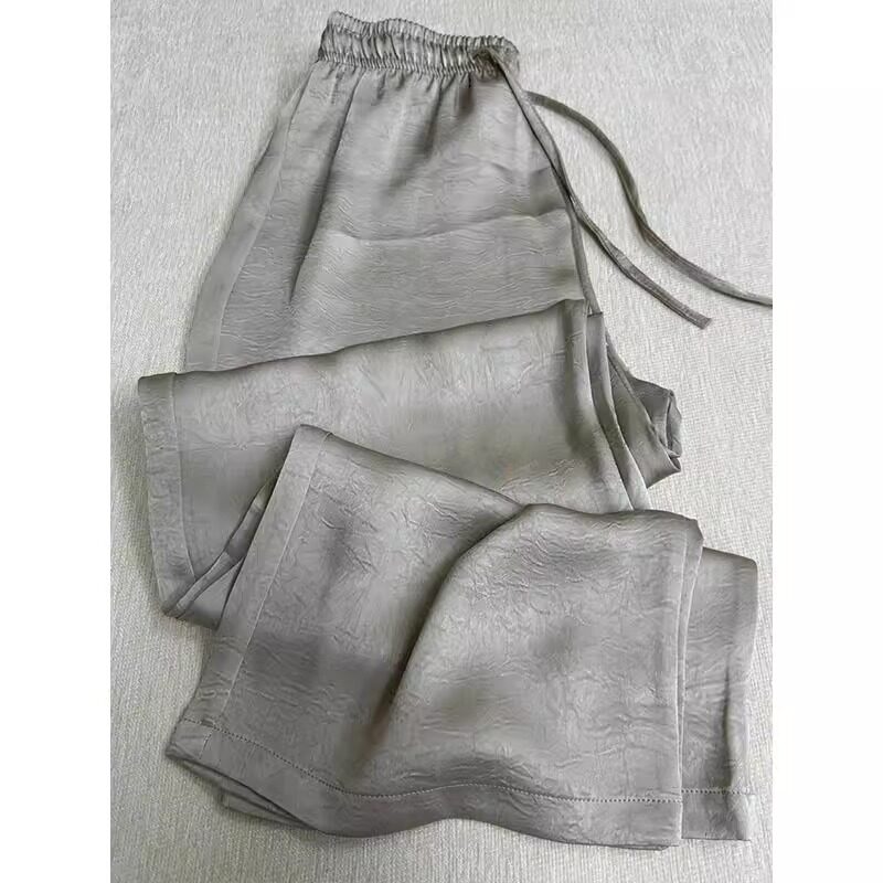 奥特莱斯专柜正品清仓灰色压花缎面阔腿裤女26夏季薄款高腰休闲裤图片