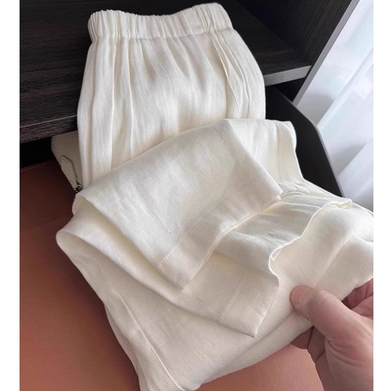 奥莱女装高端麻料棉麻阔腿裤女夏季白色裤子垂感宽松直筒亚麻裤图片
