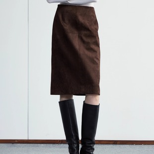 奥特莱斯专柜正品 清仓通勤简约百搭直筒开衩仿麂皮秋冬短半身裙女