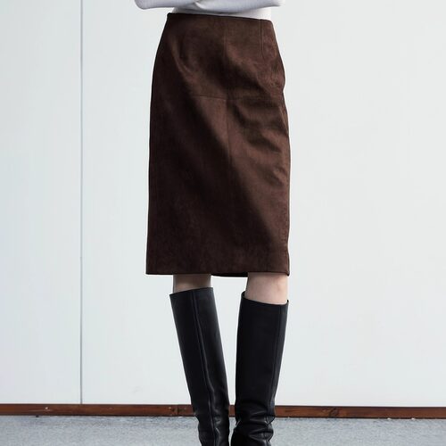 奥特莱斯专柜正品清仓通勤简约百搭直筒开衩仿麂皮秋冬短半身裙女