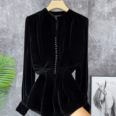 广州十三行出口外贸欧货轻奢显瘦气质立领钉珠真丝绒长袖 上衣衬衫