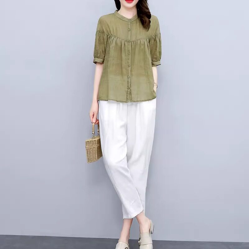 奥特莱斯专柜正品清仓绿色棉麻套装女夏季休闲时尚苎麻上衣两件套图片