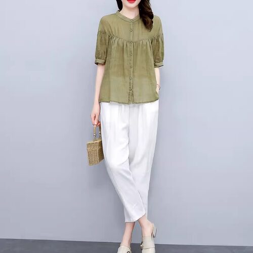 奥特莱斯专柜正品清仓绿色棉麻套装女夏季休闲时尚苎麻上衣两件套