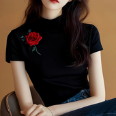 奥特莱斯专柜正品 t恤女半高领针织上衣 清仓黑色花朵印花冰丝短袖