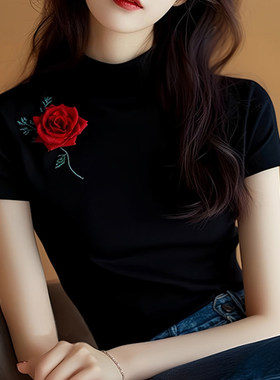 奥特莱斯专柜正品清仓黑色花朵印花冰丝短袖t恤女半高领针织上衣