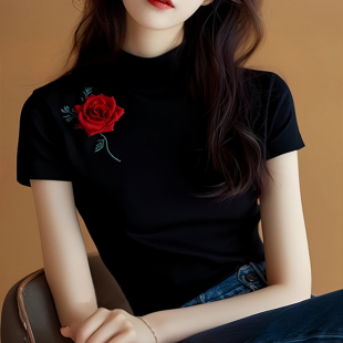 奥特莱斯专柜正品清仓黑色花朵印花冰丝短袖t恤女半高领针织上衣