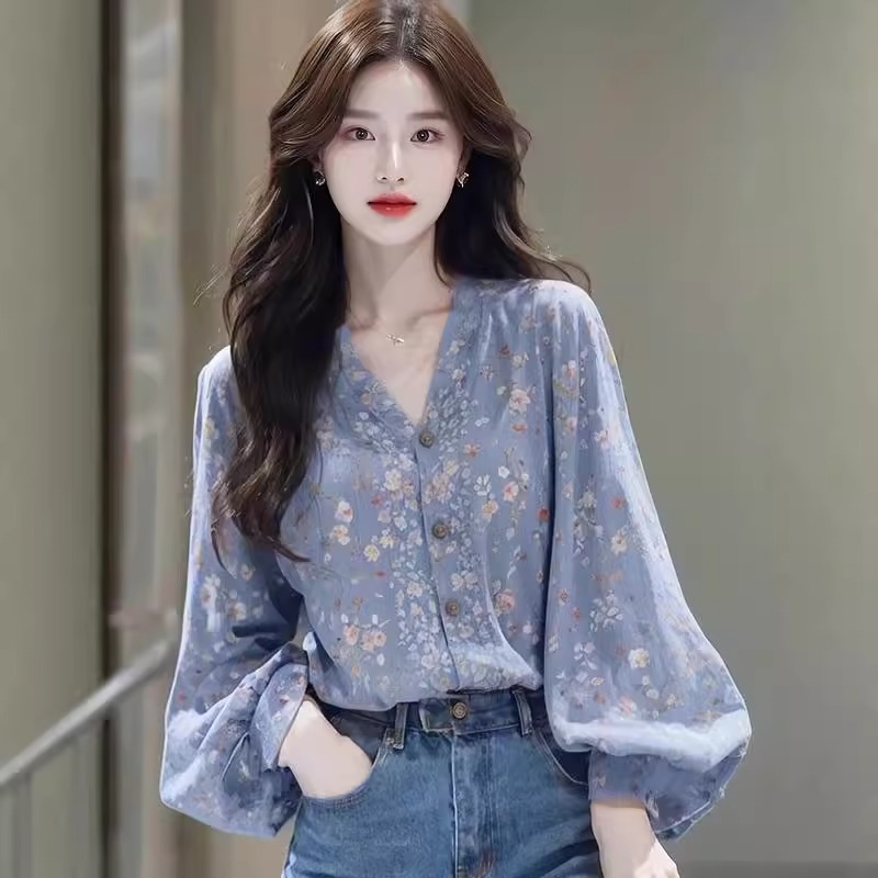 法式蓝色碎花长袖衬衫女士2025春秋新款绝美独特淑女气质减龄上衣