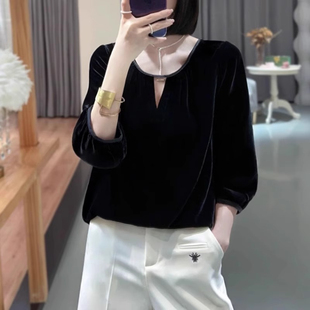 奥莱外贸欧货金丝绒上衣春秋新款宽松灯笼袖高级感真丝绒打底衫女