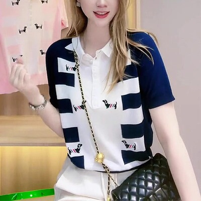 奥特莱斯专柜正品清仓Polo撞色针织短袖爆款小众设计感冰丝上衣女