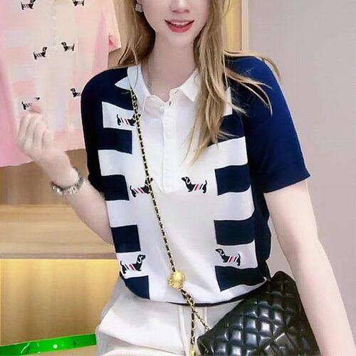 奥特莱斯专柜正品清仓Polo撞色针织短袖爆款小众设计感冰丝上衣女