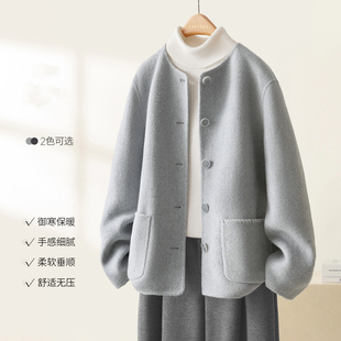 奥特莱斯专柜正品清仓双面呢大衣女冬季高级感圆领短款毛呢外套