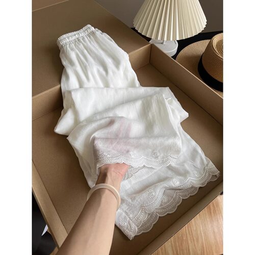 奥特莱斯清仓专柜正品白色蕾丝花边刺绣亚麻直筒休闲裤女夏阔腿裤