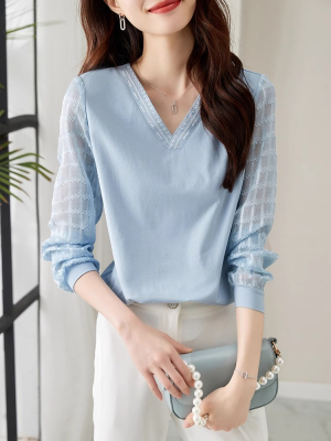 提花雪纺长袖拼接假两件V领T恤女