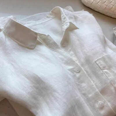 奥特莱斯专柜正品清仓老钱风天丝苎麻白色翻领衬衫女气质休闲上衣