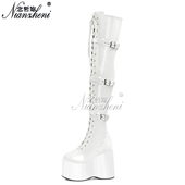 13厘米超高跟松糕底过膝靴模特走秀搭扣绑带哑亮面女士性感高跟鞋