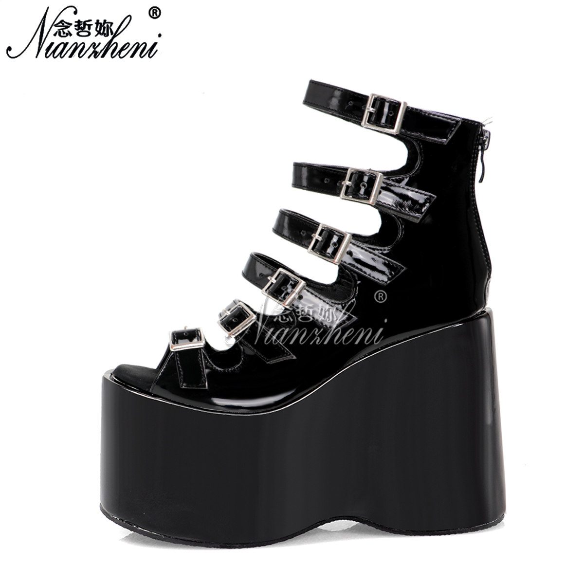 松糕底13cm女超高跟鞋皮带扣后拉链甜辣风短靴欧美风舞台演出朋克
