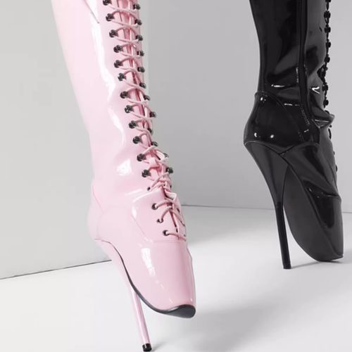 绑带漆皮芭蕾舞高筒靴18厘米超高跟鞋恨天高细跟调教女王SM大码男