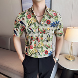 百鸟图夏季印花短袖衬衫时尚休闲免熨衬衣男CS042-P58，男装T恤，星座1606-1