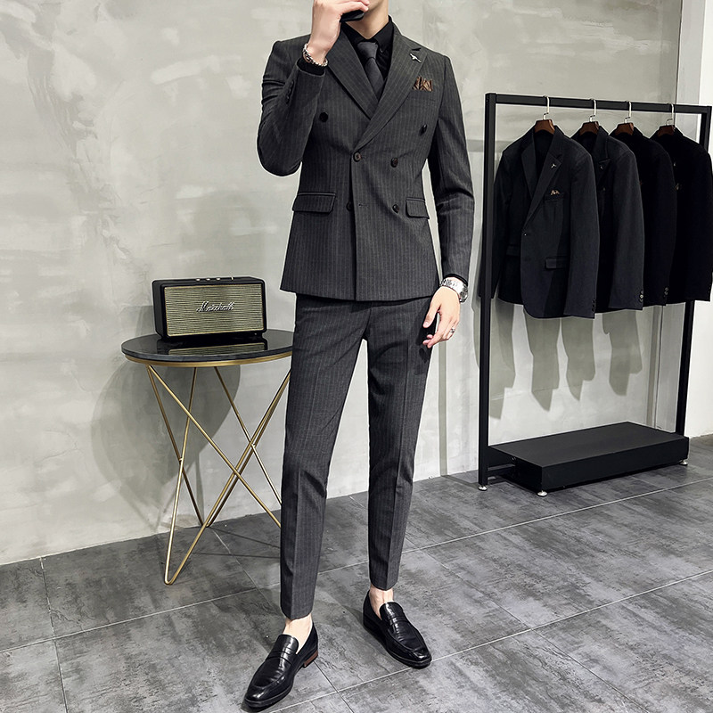 韩版修身商务西服双排扣条纹西装三件套1820-P270,男装西服套装,星座1606-1
