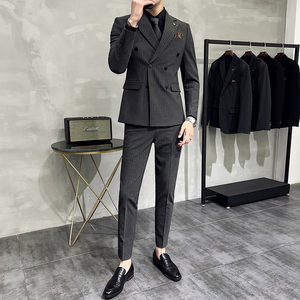 韩版修身商务西服双排扣条纹西装三件套1820-P270图片