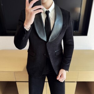 男士青果领拼皮西装时尚休闲西服套装2516-P220图片