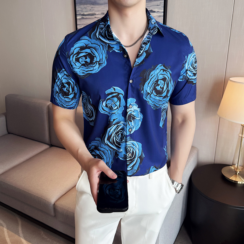 夏季印花短袖衬衫冰丝时尚休闲免熨衬衣男CS024-P58，男装T恤，星座1606-1