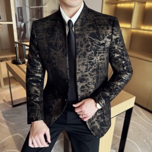 中式立领提花时尚休闲西装外套男士韩版修身西服DX61-P158图片