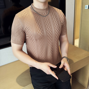 DS013-P39男士半高领短袖T恤春夏新款时尚百搭修身立体打底衫图片